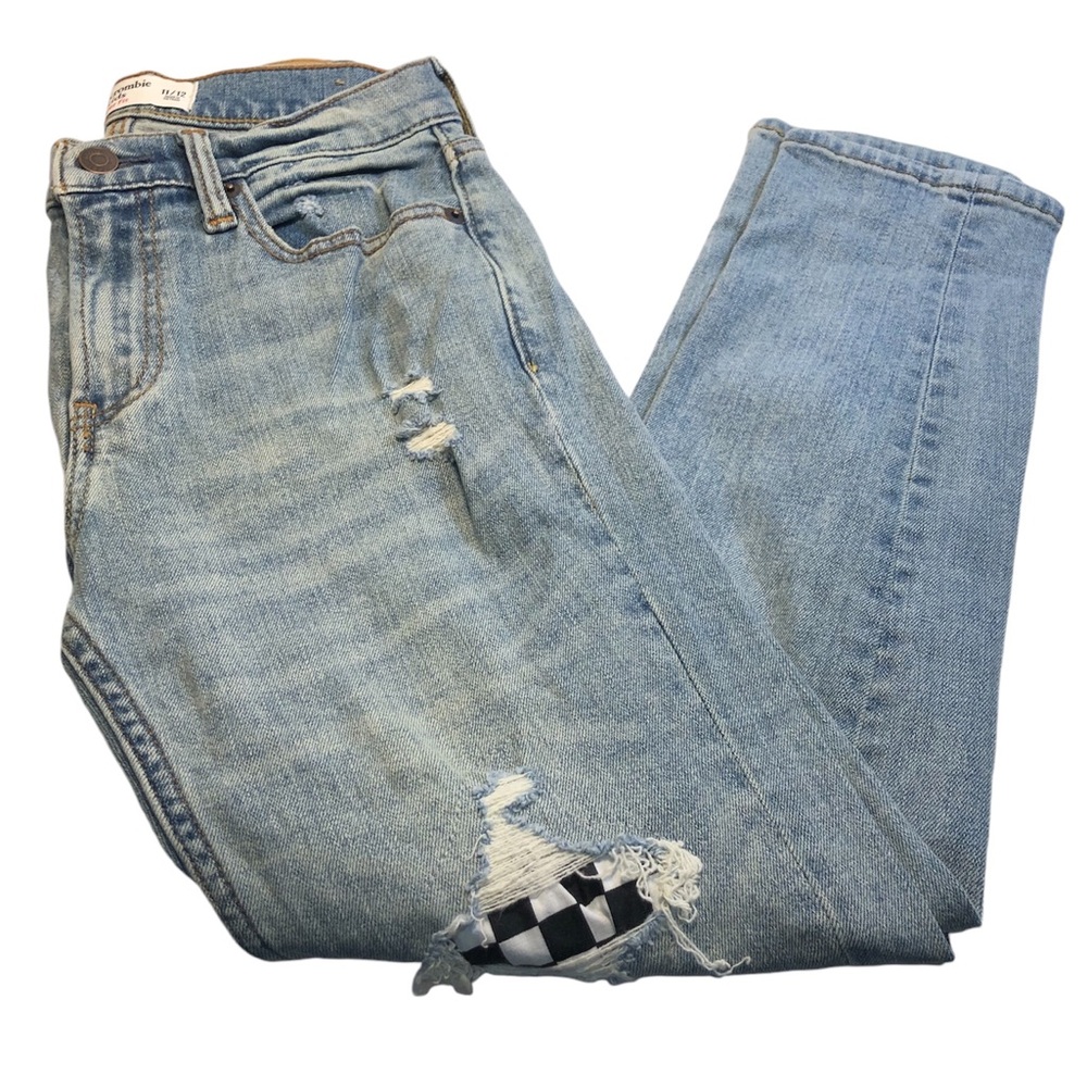 Abercrombie kids taper fit jeans 11/12 distressed with checkered accents